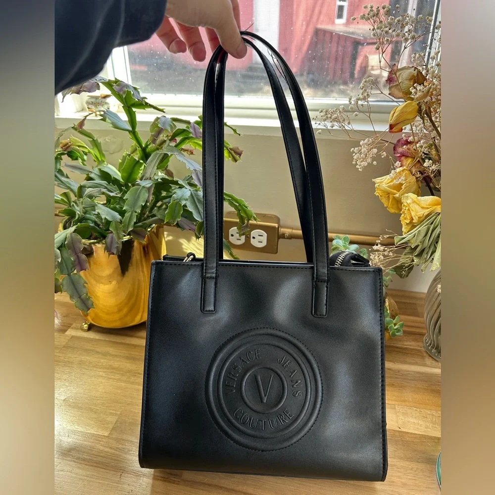 Versace Jeans Couture v emblem Black Embossed PU Leather small Tote vintage